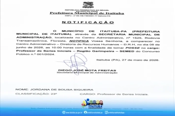 NOTIFICAÇÃO / POSSE: JORDANA DE SOUSA SIQUEIRA - CONCURSO PÚBLICO Nº 001/2024 - SECRETARIA M EDUCAÇÃO (SEMED)