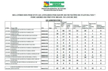 RELATÓRIO DOS PERCENTUAIS ATINGIDOS POR EQUIPE DO MUNICÍPIO DE ITAITUBA NOS 7 INDICADORES DO PREVINE BRASIL NO ANO DE 2022.