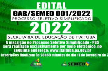 PROCESSO SELETIVO SIMPLIFICADO 001/2022 - SEMED