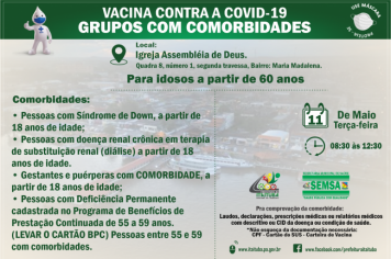 CHEGOU A HORA DE VACINAR CONTRA COVID-19 OS GRUPOS COM DOENÇAS GRAVES. NESTA SEGUNDA FEIRA, DIA 10, É PARA A FAIXA ETÁRIA DE 59 ANOS!