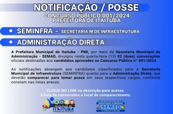 CONCURSO PÚBLICO DA PREFEITURA DE ITAITUBA Nº 001/2024 - NOTIFICAÇÃO/POSSE