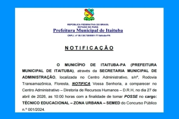 NOTIFICAÇÃO/POSSE - CONCURSO PÚBLICO N⁰ 001/2024 - SEC. MUN. EDUCAÇÃO (SEMED)