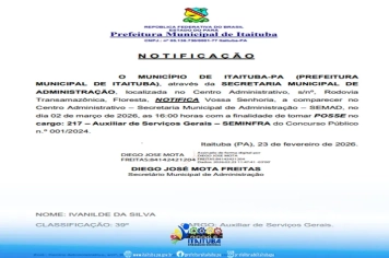 CONCURSO PÚBLICO DA PREFEITURA DE ITAITUBA Nº 001/2024 - NOTIFICAÇÃO - POSSE