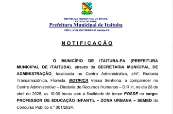 NOTIFICAÇÃO/POSSE - CONCURSO PÚBLICO N⁰ 001/2024 - SEC. MUN. EDUCAÇÃO (SEMED)