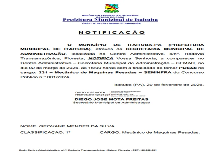 CONCURSO PÚBLICO Nº 001/2024 - NOTIFICAÇÃO/POSSE: GEOVANE MENDES DA SILVA