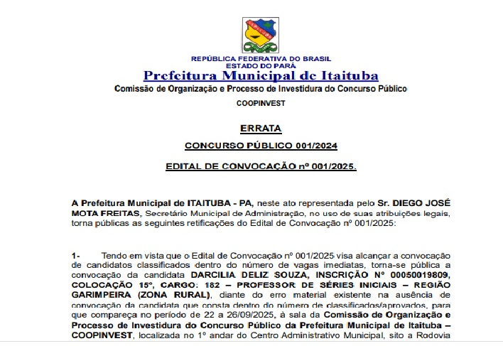 ERRATA  - CONCURSO PÚBLICO 001/2024