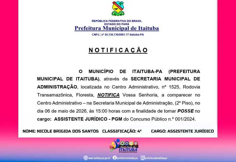 NOTIFICAÇÃO / POSSE - NOME: NICOLE BRIGIDA DOS SANTOS