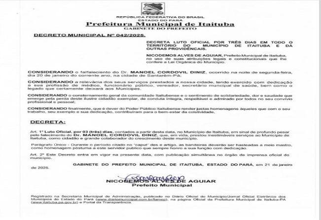 PREFEITURA DE ITAITUBA DECRETA LUTO OFICIAL POR 03 (TRÊS) DIAS PELA MORTE DO MÉDICO DR. MANOEL DINIZ.