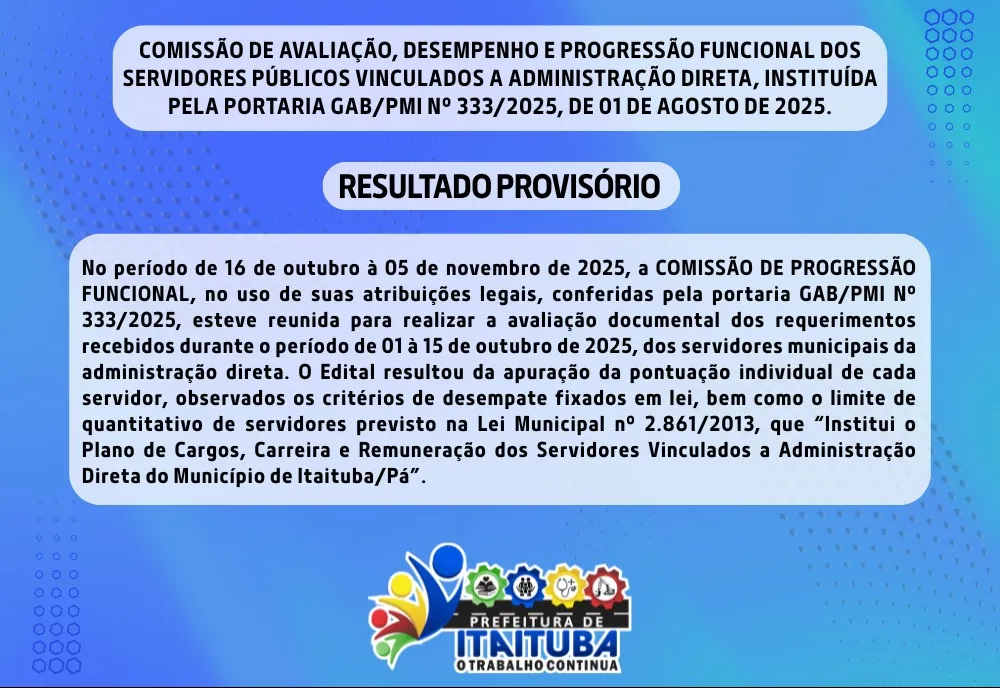 COMISSÃO DE AVALIAÇÃO, DESEMPENHO E PROGRESSÃO FUNCIONAL DOS SERVIDORES PÚBLICOS VINCULADOS A ADMINISTRAÇÃO DIRETA, INSTITUÍDA PELA PORTARIA GAB/PMI Nº 333/2025, DE 01 DE AGOSTO DE 2025.