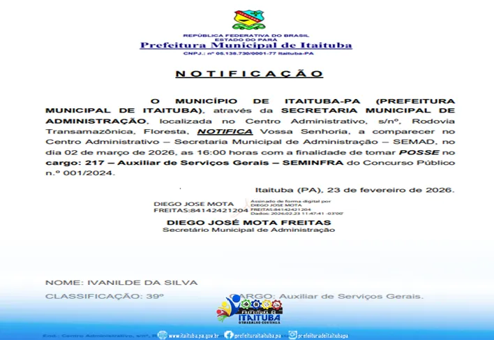CONCURSO PÚBLICO DA PREFEITURA DE ITAITUBA Nº 001/2024 - NOTIFICAÇÃO - POSSE