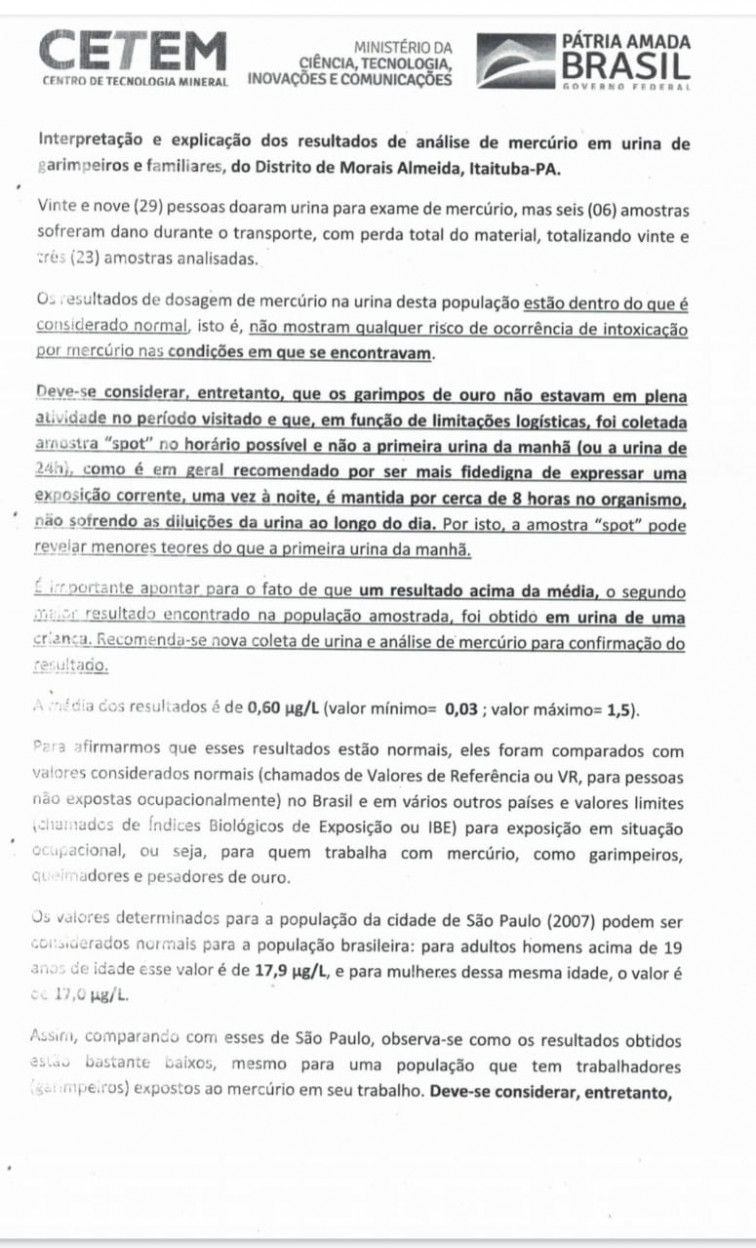 PESQUISA REALIZADA NÃO MOSTRAM QUALQUER RISCO DE OCORRÊNCIA DE INTOXICAÇÃO POR MERCÚRIO