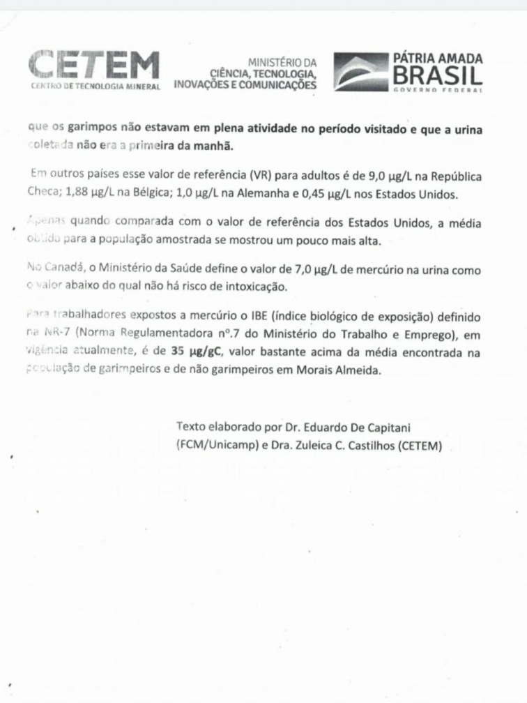 PESQUISA REALIZADA NÃO MOSTRAM QUALQUER RISCO DE OCORRÊNCIA DE INTOXICAÇÃO POR MERCÚRIO