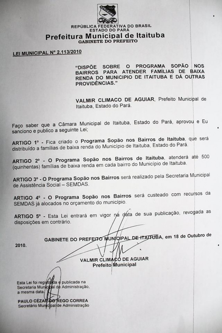 PROJETO SOPÃO NOS BAIRROS CHEGA ÀS COMUNIDADES E SEGUE O CRONOGRAMA PREVISTO NA LEI Nº 2.113/2010