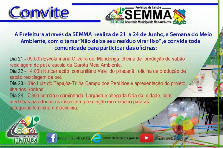 A PREFEITURA ATRAVÉS DA SEMMA, CONVIDA A COMUNIDADE EM GERAL, PARA PARTICIPAR DA PROGRAMAÇÃO DA SEMANA DO MEIO AMBIENTE DE 21 A 24 DE JUNHO.