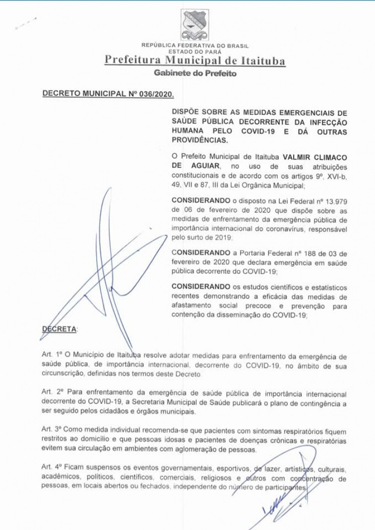 DECRETO MUNICIPAL Nº 036/2020.